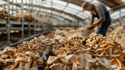 A man picking oyster mushrooms from a bin in a greenhouse filled with rows of mushroom beds - obrazy, fototapety, plakaty