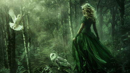 A forest fairy wanders through the forest with a white bird