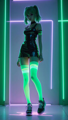Anime, full-length girl with green long leg warmers.