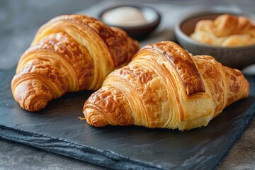Fototapeta premium Golden Bakery Delights: Two Tasty Croissant Breakfast on Textured Dark Board
