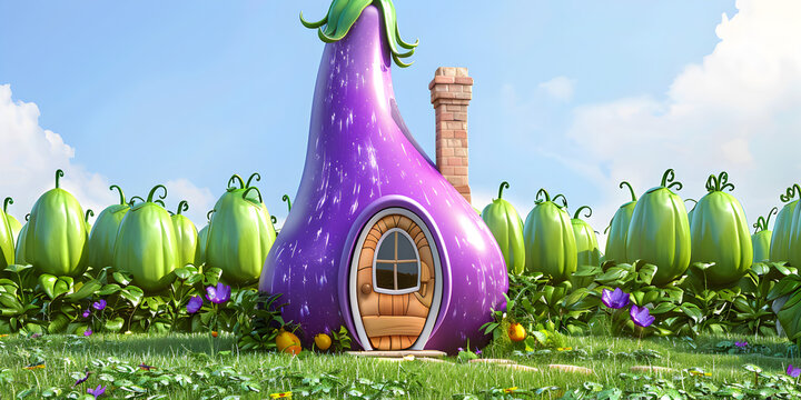 Cartoon fairytale eggplant home vector dwelling,purple plum house .
