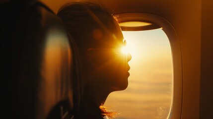 A woman is gazing out an airplane window at the sunset, observing the horizon view