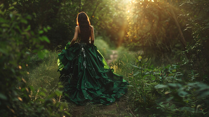 A forest nymph a dryad in a luxurious emerald dress 