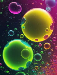 Fototapeta premium Neon bright circles, balls, bubbles, spheres, ovals. On a dark background.