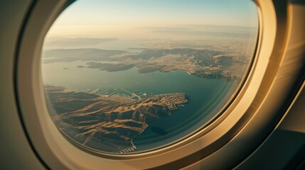 View from airplane window showing body of water below