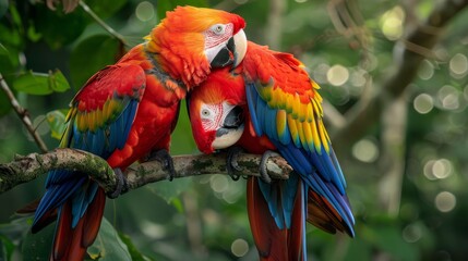 A pair of Scarlet Macaws playfully interacting on a tree branch in a vibrant and lively display of colors and feathers