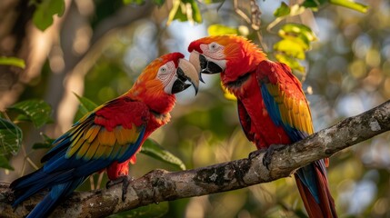 Two Scarlet Macaws perched on a tree branch, interacting playfully by grooming each other