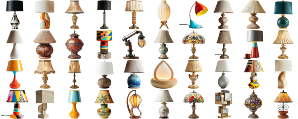Big collection set of lamp in various styles retro vantage and modern bedside nightstand lighting different table lamp for interior decoration furniture element, isolated on transparent background