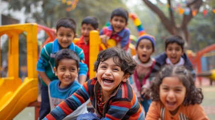 A group of children laughing and playing together in a playground. They are engaged in various activities, enjoying their time outdoors