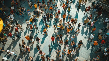 Diverse crowd gathers around a yellow bus in a bustling city square