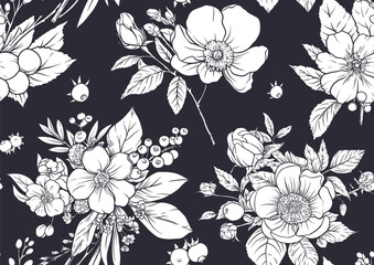 Boutonniere of wild rose flowers and berries Seamless pattern, background. Black and white graphics. Vector illustration. In botanical style