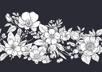 Boutonniere of wild rose flowers and berries Seamless pattern, background. Black and white graphics. Vector illustration. In botanical style - 797643767