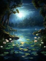 A beautiful painting of a lake in the middle of a forest at night. The water is calm and still, and the moon is shining brightly overhead. There are trees and flowers all around the lake, and the air