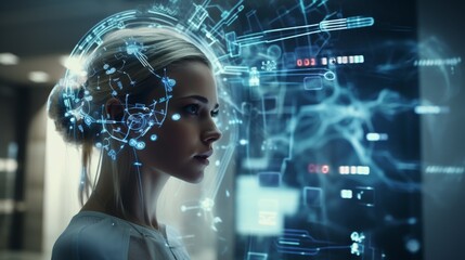 A beautiful woman with blonde hair and blue eyes. She is wearing a white lab coat and standing in a futuristic laboratory. She is looking at a hologram of a human brain.