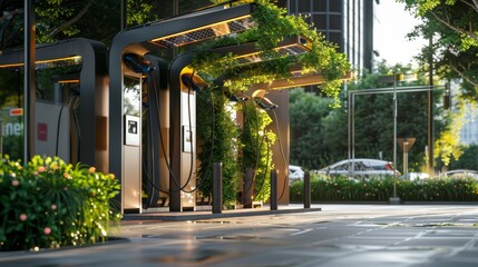 Advertising photo of a solarpowered electric charging station, featuring ecofriendly design elements in bright silver, set against an urban backdrop
