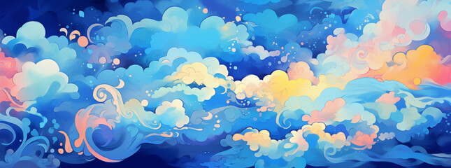 A painting of a sky with clouds and a splash of pink and orange