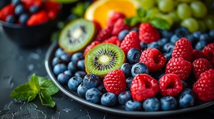 Plate of Fruit With Kiwis, Raspberries, Oranges. Generative AI