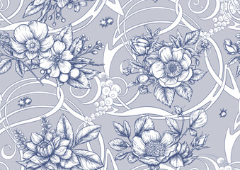 Blooming tree rose, rose flowers on branches. with sparrow, finches, butterflies, dragonflies. Seamless pattern, background. Vector illustration. Chinoiserie, traditional oriental botanical motif. - 797644710