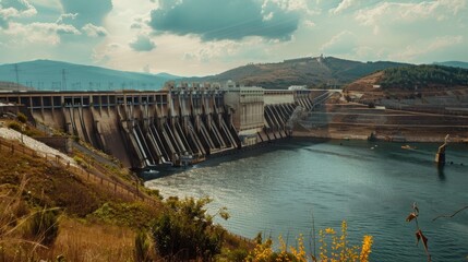 Wideangle view of a hydroelectric station and dam, the powerful structures contrasted against the earthy browns of the natural terrain