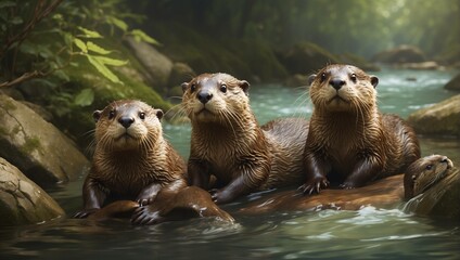 Obraz premium Three brown otters are sitting on a rock in a shallow stream. Foliage and rocks are around them.