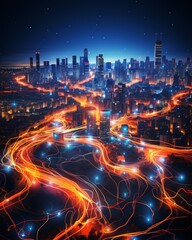 Fototapeta premium City lights at night with glowing orange and blue lines flowing through the streets.