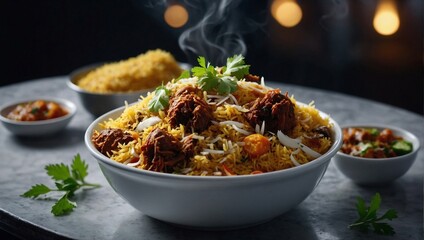 Full plater biryani in restaurant fast food on white