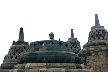 Borobudur Temple. The top terrace  with an open perforated stupa and a seated Buddha sculpture. Central Java, Indonesia. Transparent background.