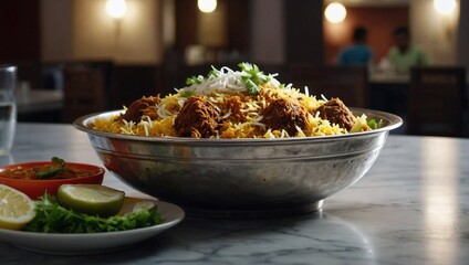 Full plater biryani in restaurant fast food on white