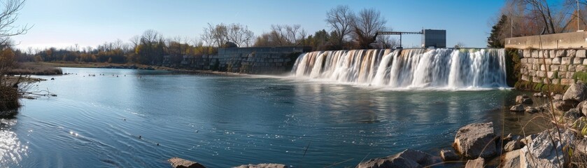 Wideangle photo of a natural waterfall with a small turbine installation, showcasing the cool blue waters and ingenious engineering