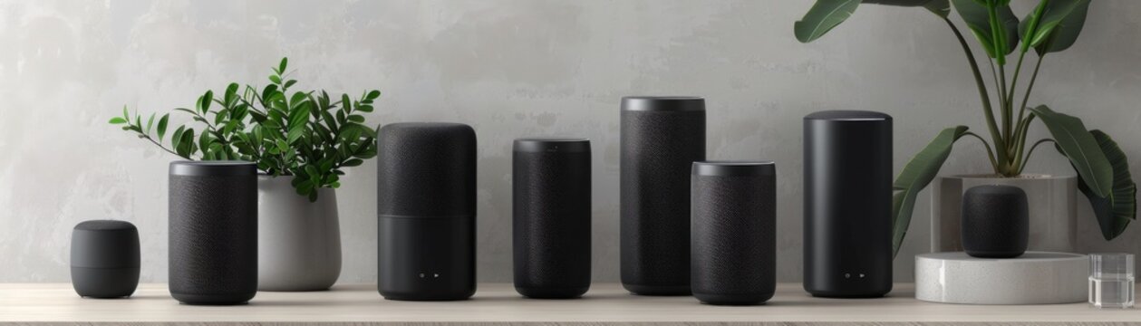 Wideangle photo showcasing a series of innovative smart speakers in sleek black, arranged in a stylish, minimalist room