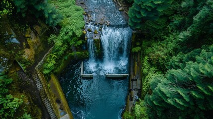 Wideangle advertising shot capturing the harmony of a small turbine installation at a waterfall, nestled in vibrant green surroundings