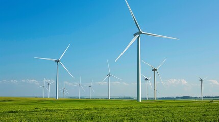 Sunny day scene of sleek white wind turbines in a green open field, captured to promote the aesthetics and efficiency of renewable energy technologies