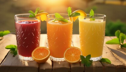 3. "Juicy Medley Delight: Colorful Fruit Juices on Display with Fresh Garnishes"juice, orange, fruit, glass, drink, food, fresh, citrus, 