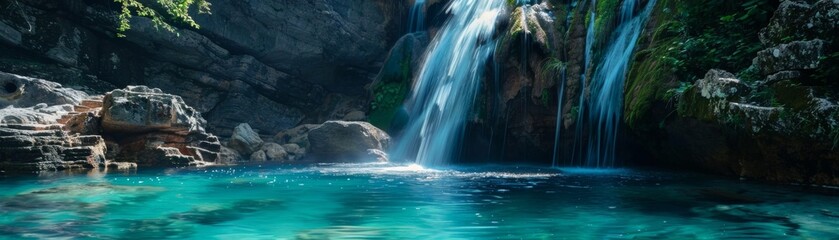 Serene hidden waterfall cascading into a crystalclear pool, the vibrant blues of the water creating a tranquil retreat in this advertising shoot