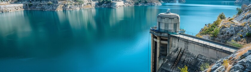 Professional photo showcasing the formidable structure of a hydroelectric station and dam against a backdrop of deep blue water