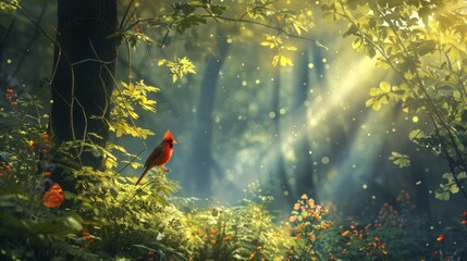 A red cardinal bird sitting on a tree branch in the forest, AI - Powered by Adobe