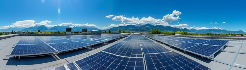 Professional photo for an advertising campaign showing solar panels on a rooftop with the bright blues of the sky, highlighting modern and energyefficient living