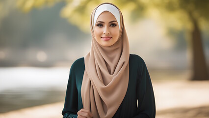 Photo of a woman wearing a hijab and a green shirt generative ai