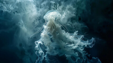 A jellyfish girl floating in levitation on a dark ocean - obrazy, fototapety, plakaty
