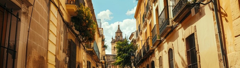 Fototapeta premium Professional image showcasing the soft yellow hues of a distinctive building, contrasting beautifully with the traditional setting of a small town