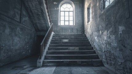 Professional image of an eerie, deserted buildings interior, the cool grays of the empty rooms casting a ghostly pallor