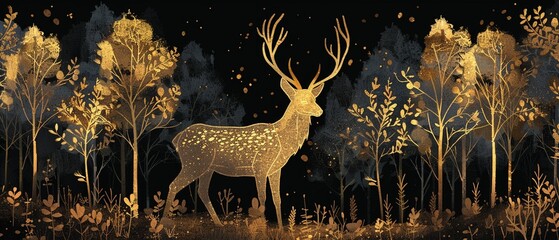 A serene deer illustrated in golden line art, nestled within a forest of goldlined trees, creating a luxurious and tranquil art piece