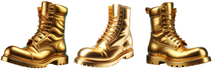 Set of gold boots with gold laces, white background, isolated on a transparent background.