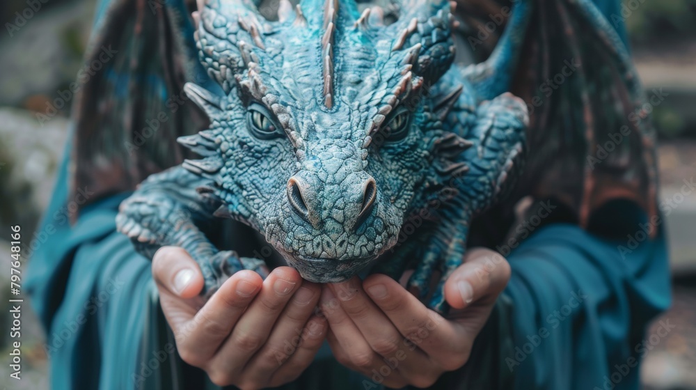 Poster A person holding a blue dragon statue in their hands, AI