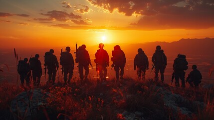 A group of soldiers standing on a hill at sunset.