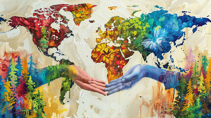 A world map painted in seasonal colors, hands touching each landmark, connecting global cultures through the beauty of nature