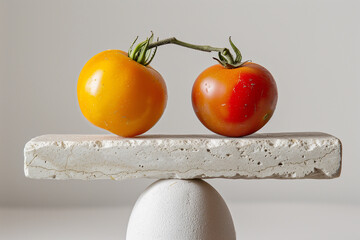 tasty and healthy fresh tomatoes balancing on a granite plate, red and yellow tomato full of vitamins and antioxidants