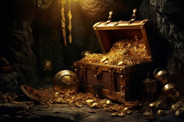Pirate tomb of treasure and gold cave abandoned darkness.