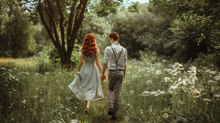 A loving couple is walking in a blooming garden. 