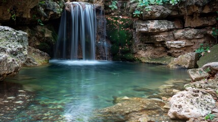 Peaceful hidden waterfall flowing into a crystalclear pool, perfectly captured in this advertising shoot to evoke serenity and clarity